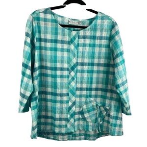HABITAT Green White Checkered Crinkle Cotton 3/4 Sleeve Top Small